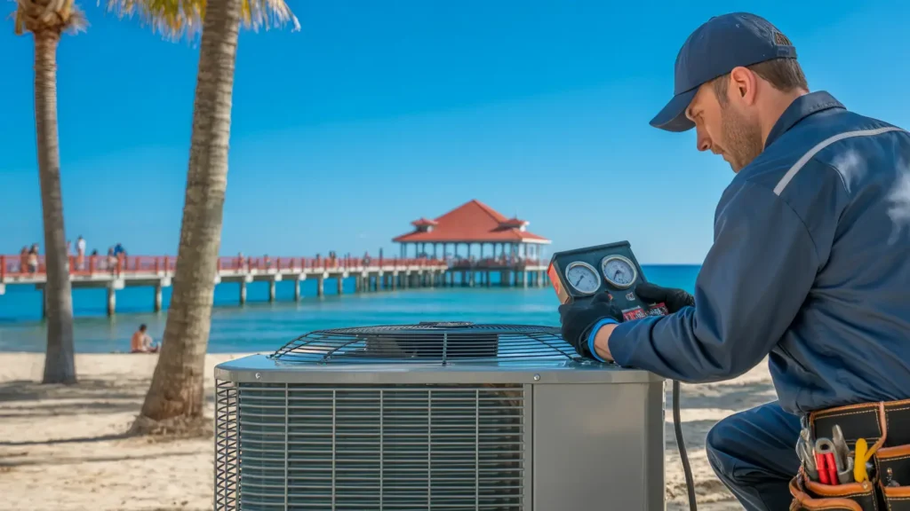 HVAC technician checking an outdoor AC unit near the coast in Huntington Beach.