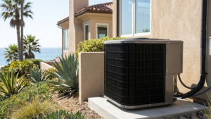 Outdoor air conditioning unit installed beside a coastal home.