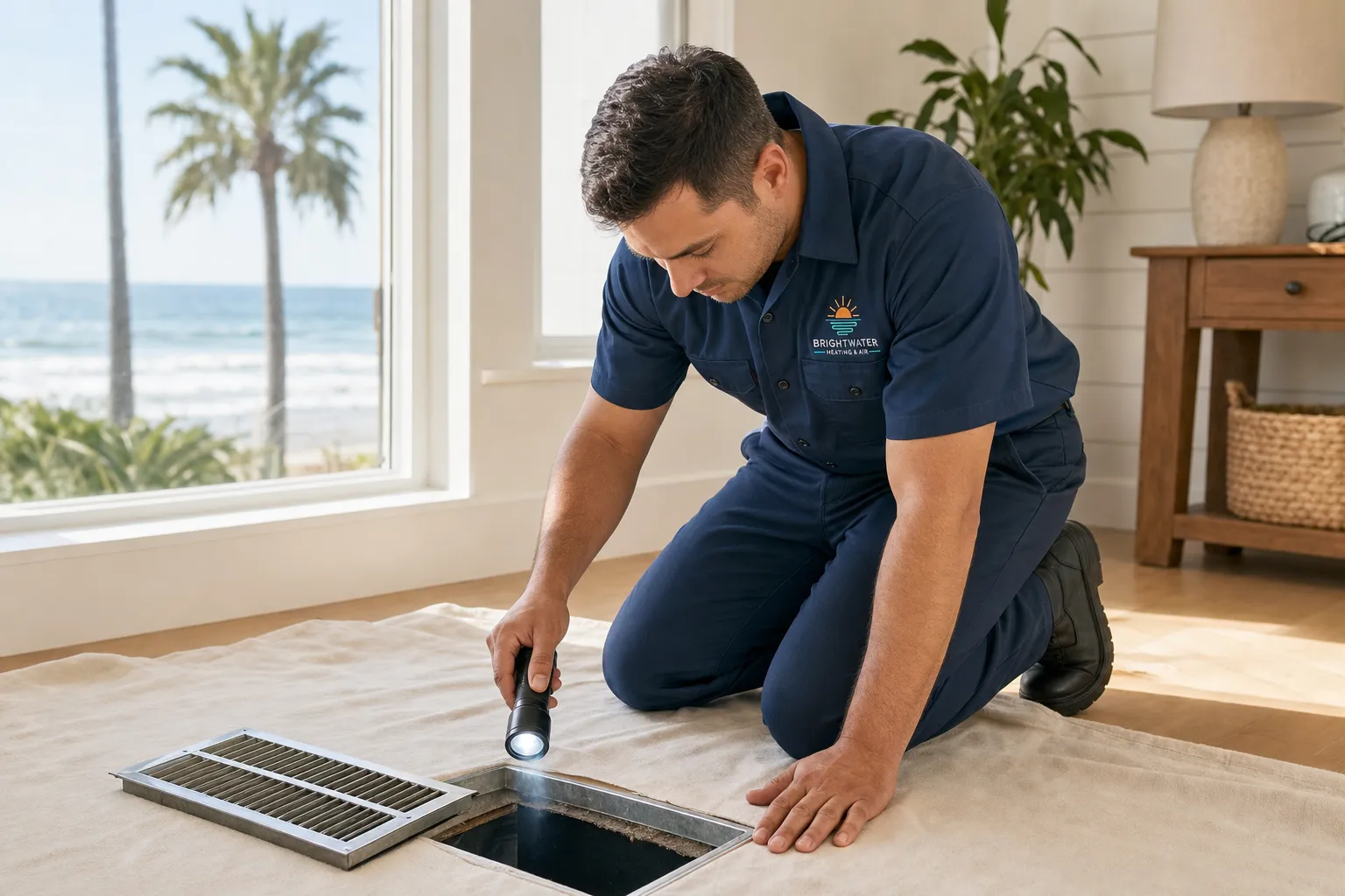 Brightwater Heating & Air technician shining a flashlight into an open floor air duct during an inspection in a Huntington Beach home