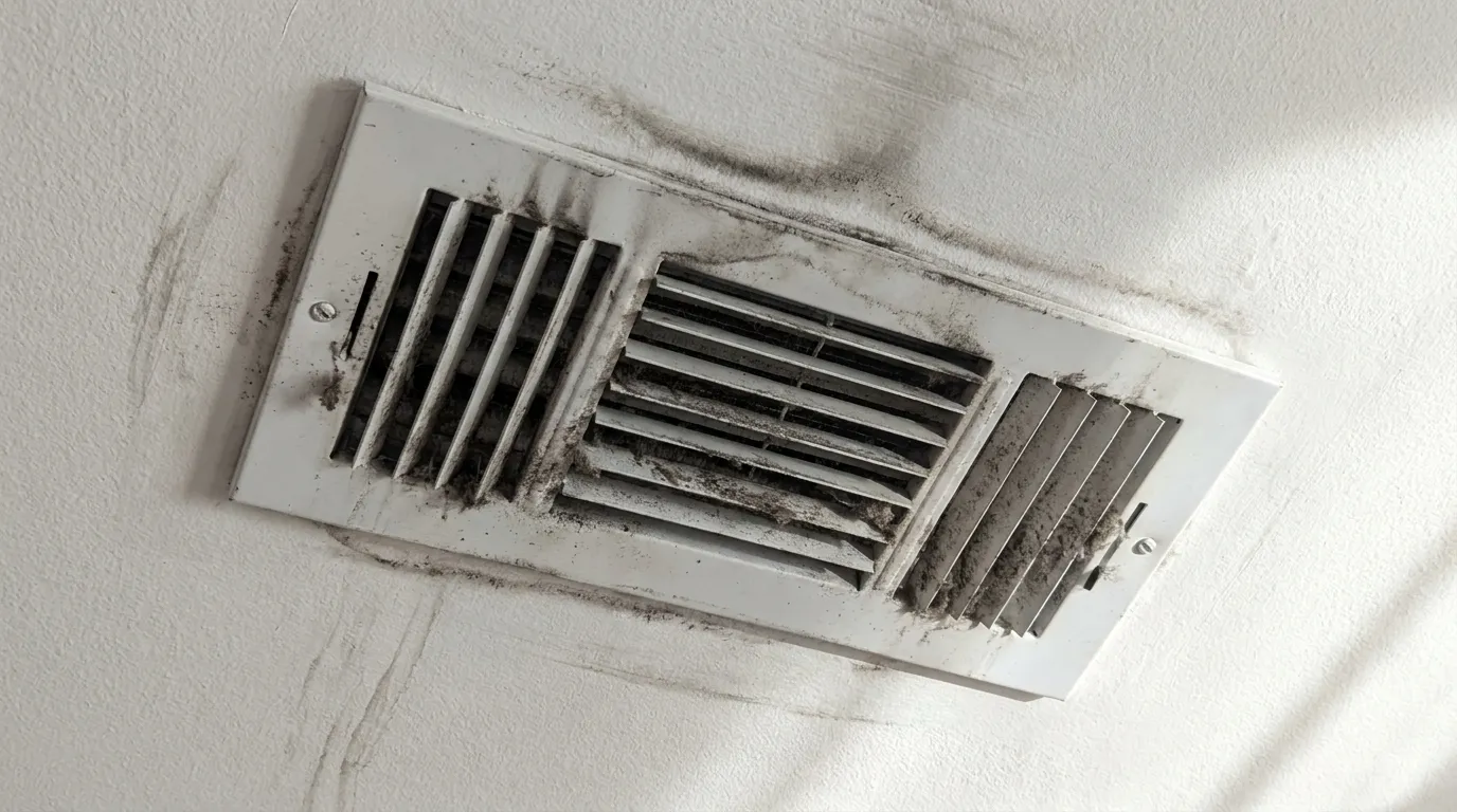 Dark dust rings and sooty buildup around a white ceiling air supply vent on textured drywall