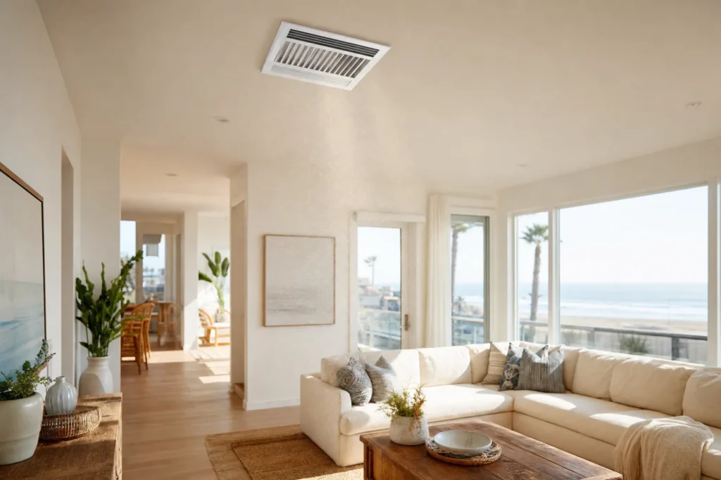 Sunlit coastal Huntington Beach living room with fine dust drifting from a white ceiling HVAC supply vent