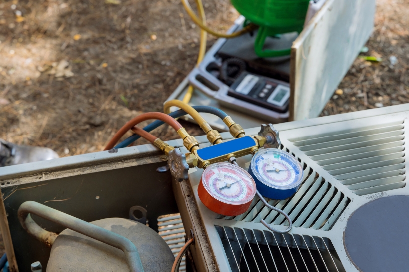 HVAC technician checking refrigerant pressure with manifold gauges during AC service.