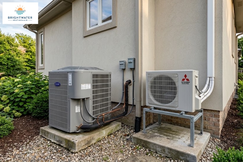 Central AC condenser and ductless mini-split outdoor unit installed beside a home.
