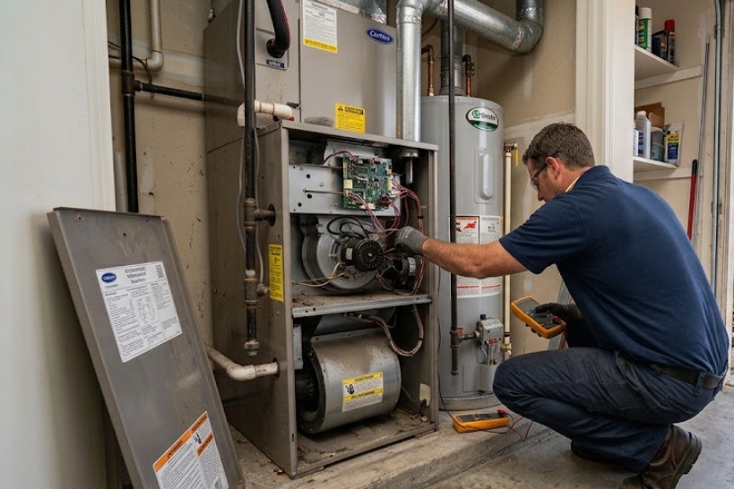 HVAC technician diagnosing and repairing a residential furnace in Huntington Beach.