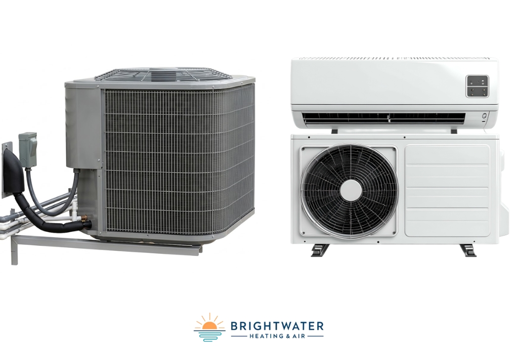Package unit and split HVAC system equipment shown side by side for comparison.