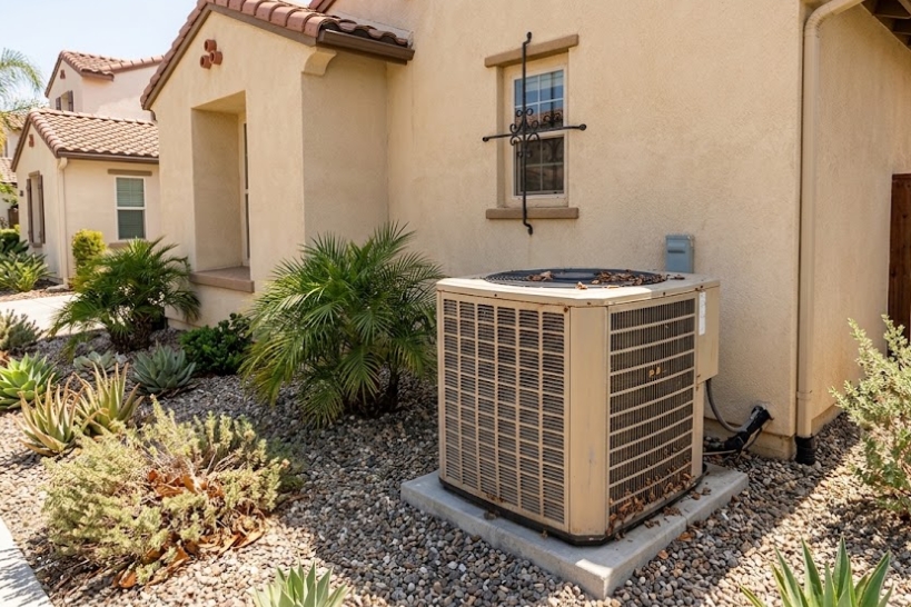 Older outdoor HVAC unit representing when to repair or replace a heater in Orange County.