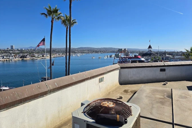 Outdoor AC unit near Huntington Beach showing coastal exposure where salt air can cause corrosion.